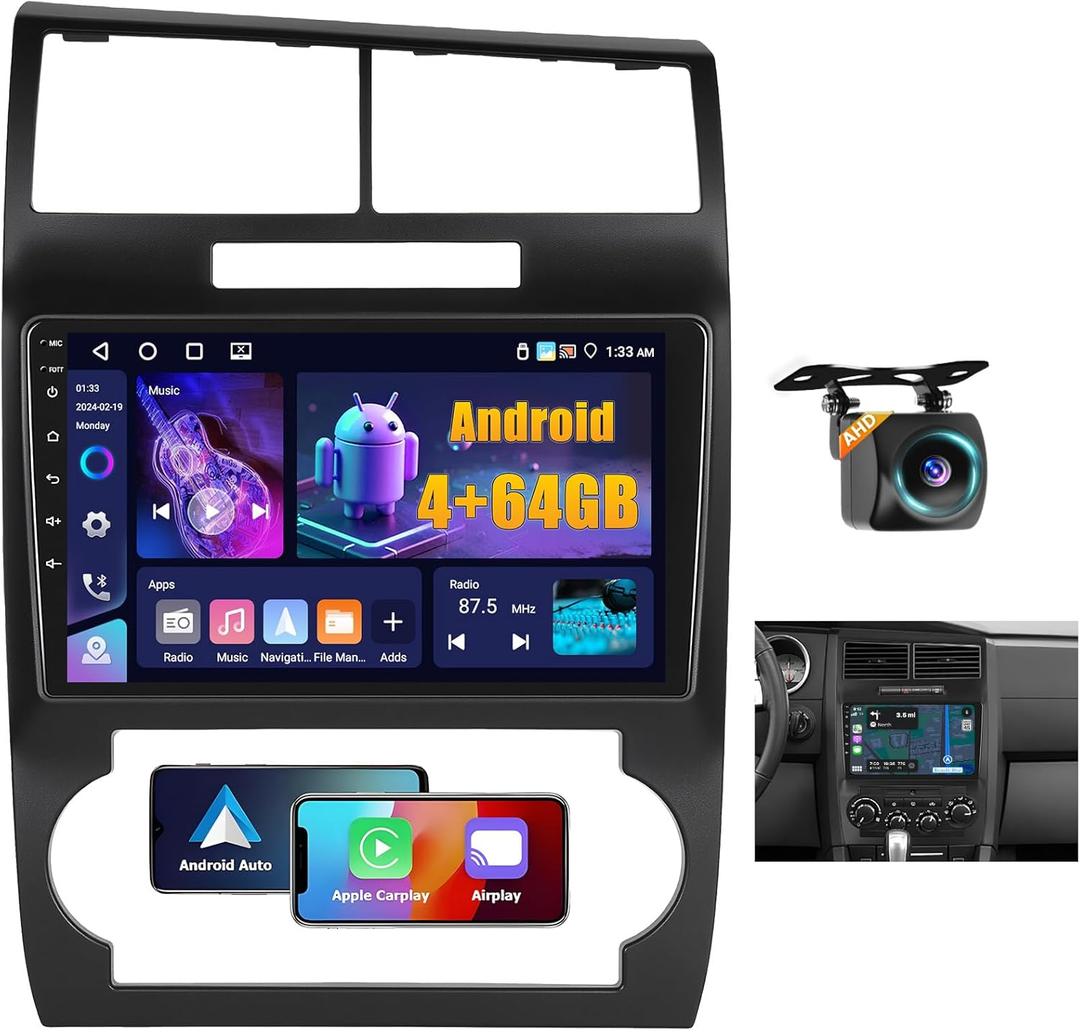 4+64GB Android 15 Car Stereo for Dodge Charger/Magnum 2005-2007 Wireless Carplay Android Auto 10" Touch Screen Car Radio Dash Kit with GPS WiFi Bluetooth SWC DSP EQ Mirror Link Backup Camera