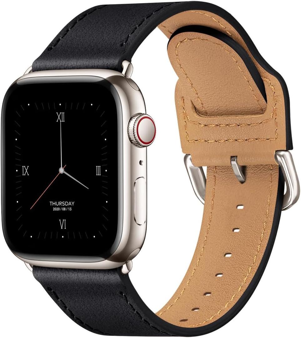 POWER PRIMACY Leather Bands Compatible with Apple Watch Band 38mm 40mm 41mm 42mm-Series 11/10,Genuine Leather Strap Compatible for Women Men iWatch SE Series 11 10 9 8 7 6 5 4 3 2 1(Black/Starlight Silver)