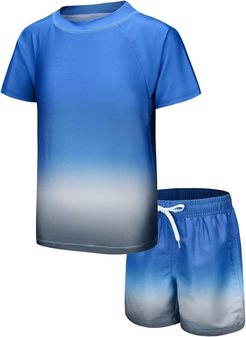 Moon Tree Boys Rash Guard Set for Boys 2 Piece Swimsuits Short Sleeve Bathing Suits with Trunks Quick Dry Swim Shirts, Size 13/14