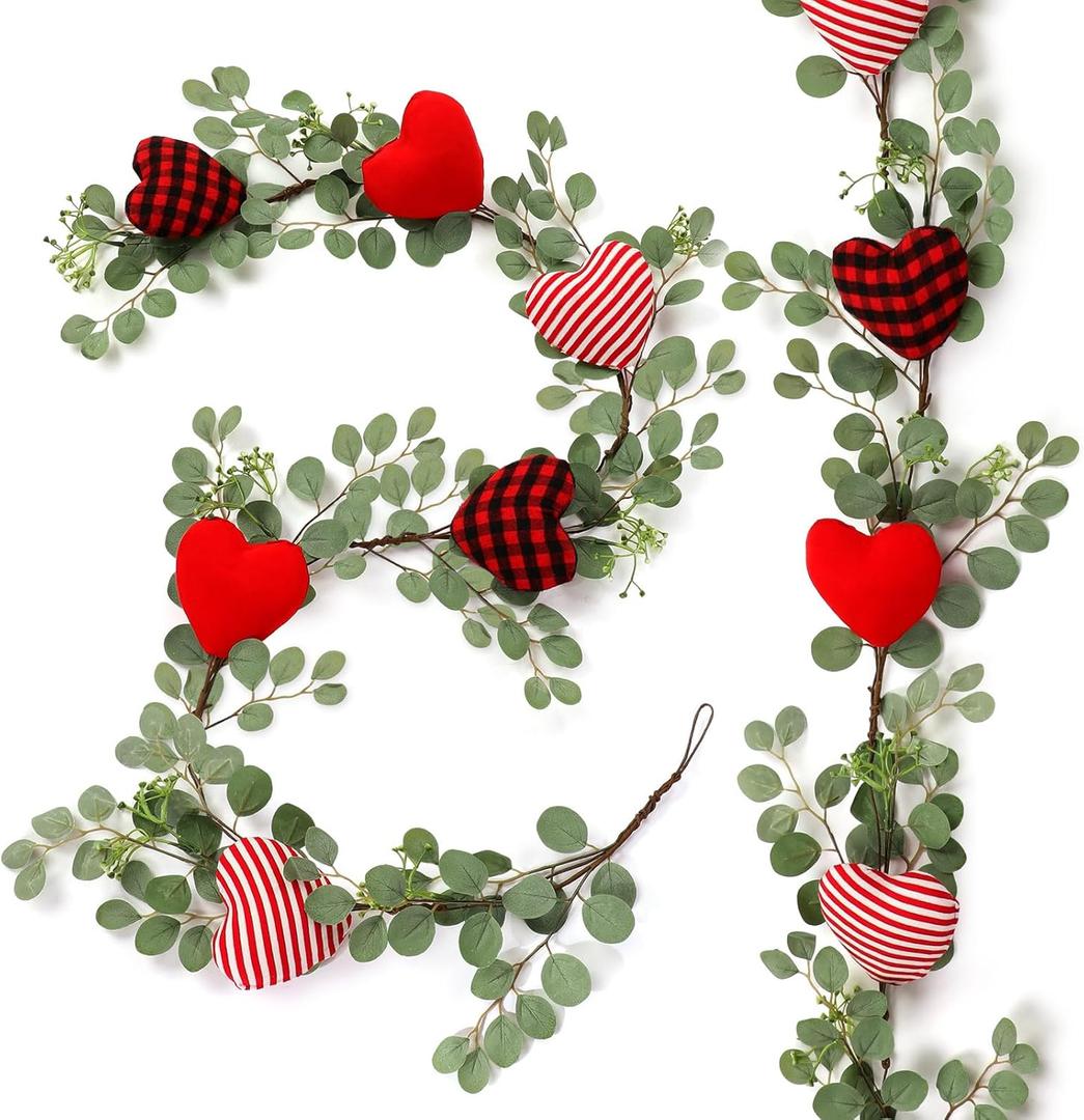 Zeyune 6ft Valentine's Day Decor Heart Long Garland for Mantel Artificial Eucalyptus Leaves and Fabric Hearts for Valentine Front Door Kitchen Fireplace Home Indoor Outdoor