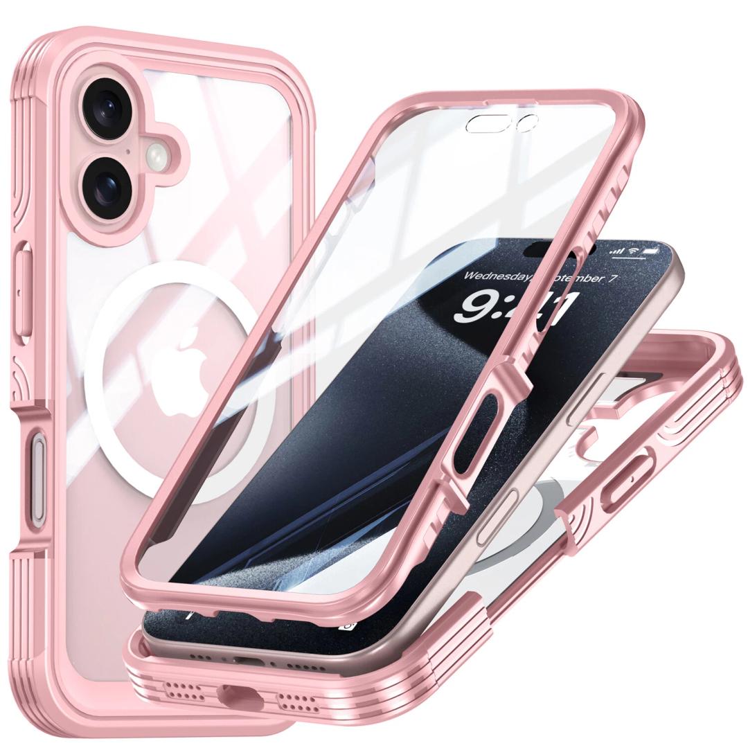 Miracase for iPhone 16 Case, FullBody Protective Phone case with Builtin Full Glass Screen &Camera Control, Easy Installation, No Gap, Compatible with MagSafe, Pink