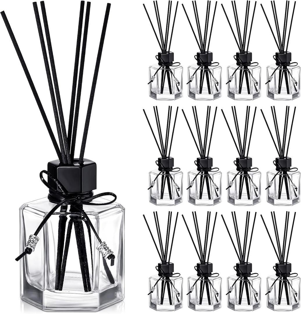 Huquary 12 Set 120ml 4.06 Ounce Reed Diffuser Bottle Empty Glass Diffuser Bottles Jars with Caps and Black Rattan Stick Set Fragrance Accessories for DIY Replacement Rattan Aromatherapy (Black)
