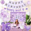 Sweet 16 Birthday Party Decorations for Girls - Purple 16th Happy Birthday Banner Heart Balloons Number 16, Photo Backdrop Crown Sash Party Supplies for Sixteen Years Old