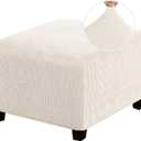 PrinceDeco Stretch Ottoman Cover Ottoman Slipcovers Square for Living Room Foot Stool Stretch Covers to Fit Ottoman Foot Rest, Thick Checked Jacquard Fabric with Elastic Bottom (Medium Size, Ivory)