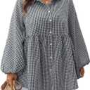 MakeMeChic Women's Plus Size Blouses Gingham Lantern Sleeve Button Down Plaid Shirt Peplum Tops 1950s Outfits (XL)