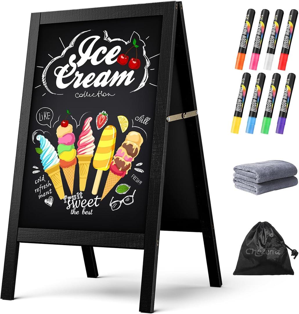 Chezerra A Frame Chalkboard Sign, 40"x20" Extra Large Sidewalk Chalk Board, Wooden Standing ChalkBoards Set with Markers, Double-Sided Magnetic Blackboard for Cafs, Weddings, Party Guide, Black