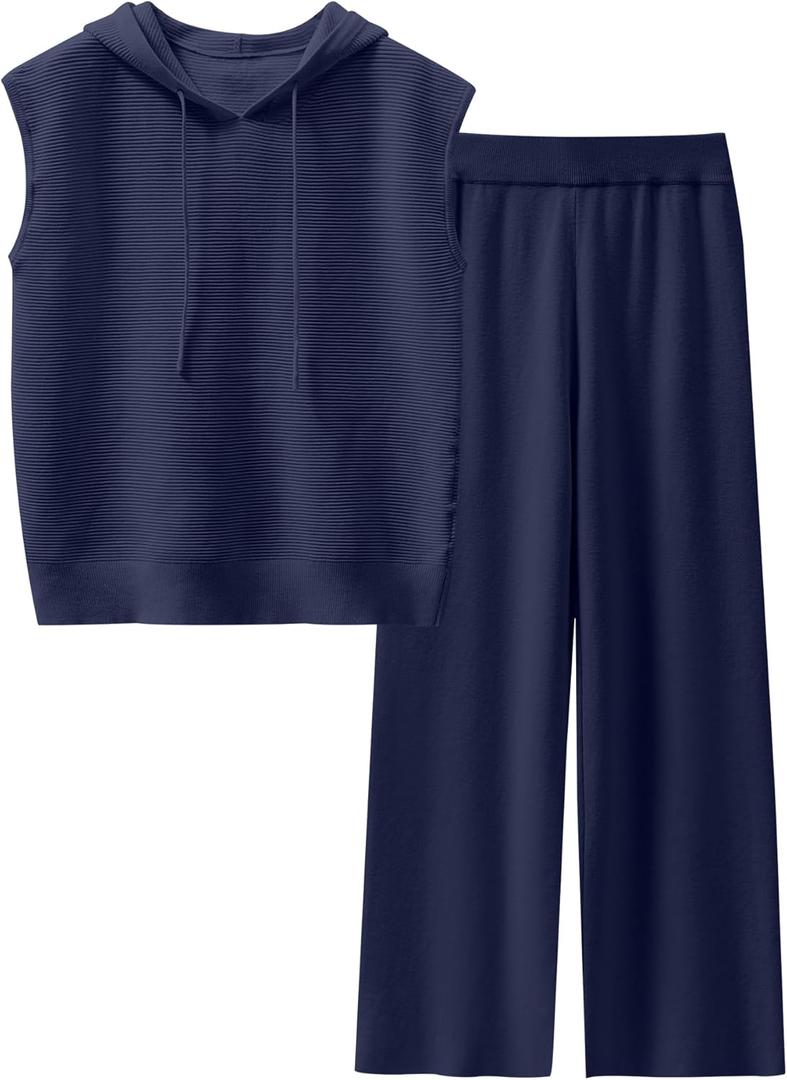 Caracilia Women 2 Piece Outfits Summer Sleeveless Tops Knit Pants Sweater Lounge Matching Sets Navy Blue Small