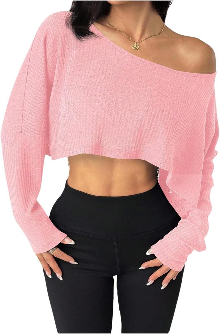 Women's Asymmetrical Off Shoulder Crop Tops Long Sleeve Ribbed Knit Lettuce Trim T Shirts (Pink, M)