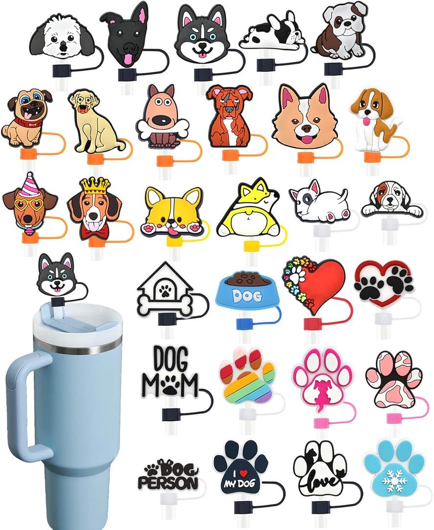 30 Pack Dog Straw Covers Cap for Tumblers, 10mm Cute Dust-Proof Straw Topper for Water Bottles Stanley Cups Accessories Gifts For Women Party Favors