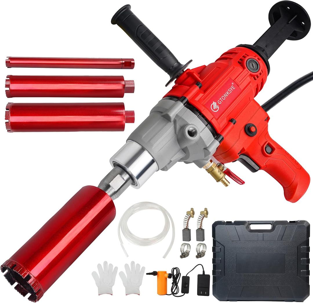 Diamond Core Drill Machine, Handheld Dry and Wet Core Drill Rig, 1-1/4"Threaded Shaft, Equipped with Wet Drill Bits 1.25", 2.5", 3.25",4"and Water Pump Set, for Concrete Bricks and Stones