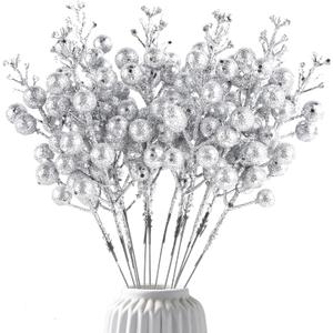 14Pcs Christmas Glitter Berries Stems Silver Christmas Tree Picks Stems 7.8 Inch Artificial Picks Fake Holly Winter Berry Branches for Christmas Tree Ornament DIY Crafts Wreath Holiday and Home Decor