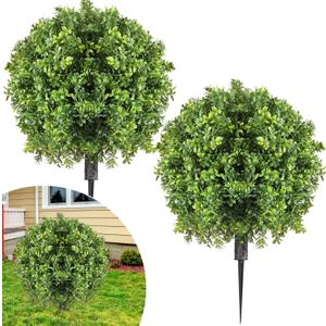 Canlierr 2 Pcs Artificial Boxwood Topiary Ball Bush 26" Tree UV Resistant with Spike Easy to Push in The Ground Fake Boxwood Plants Faux Greenery Shrubs for Indoor Outdoor Home Garden (Light Green)