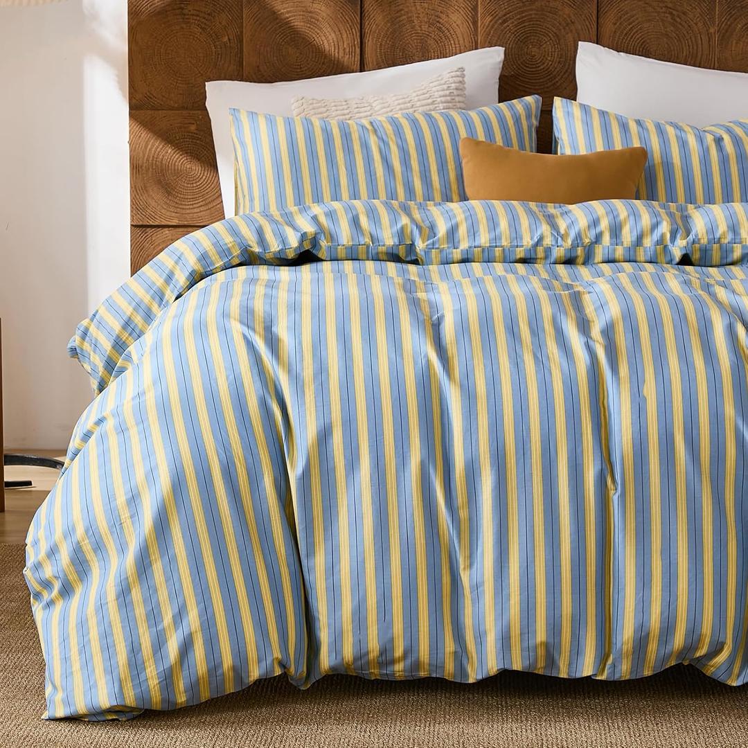 Merryword 100% Cotton Duvet Cover Set Queen Size, Blue & Yellow Striped Bedding Set with Zipper Closure and 8 Corner Ties, Modern Coastal Style Comforter Cover Set 3 Pieces