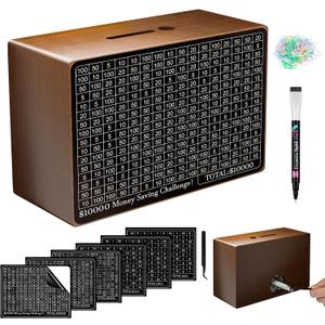Wooden Money Saving Box, Cash Vault Savings Box for $10000 $5000 $3000 $1000 $800 $500 Target Money Saving Challenge, Reusable Money Box with Counter, Dry Erase Pen/Savings Trackers/Rubber Band-Brown
