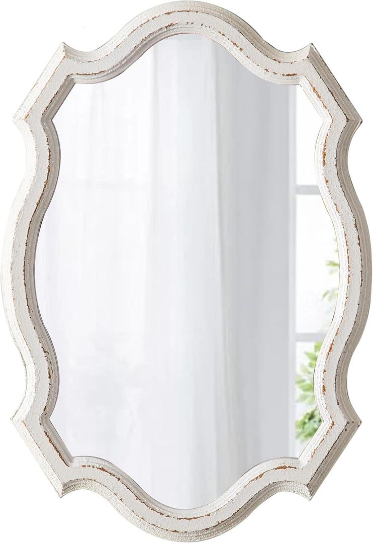 Small Rustic Scalloped Oval Mirrors for Bathroom 13 X 19 Inch, Distressed White Hanging Vintage Mirror, Farmhouse Wood Frame Gothic Wall Mounted Makeup Mirror for Bedroom Hallway Entryway