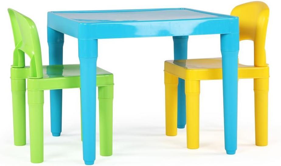 Humble Crew Kids Plastic Table and Chair Set, Toddler Activity Table with 2 Chairs, Lightweight Easy-Clean Kids Desk for Play, Snacks & Crafts, Indoor Outdoor Playroom Furniture, Aqua/Green/Yellow