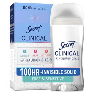 Secret Clinical Strength Antiperspirant Deodorant for Women, 100hr Sweat & Odor Protection, Free & Sensitive, 3X Stress Protection with Hyaluronic Acid, PH Balanced, Invisible Solid, Unscented, 2.6 oz