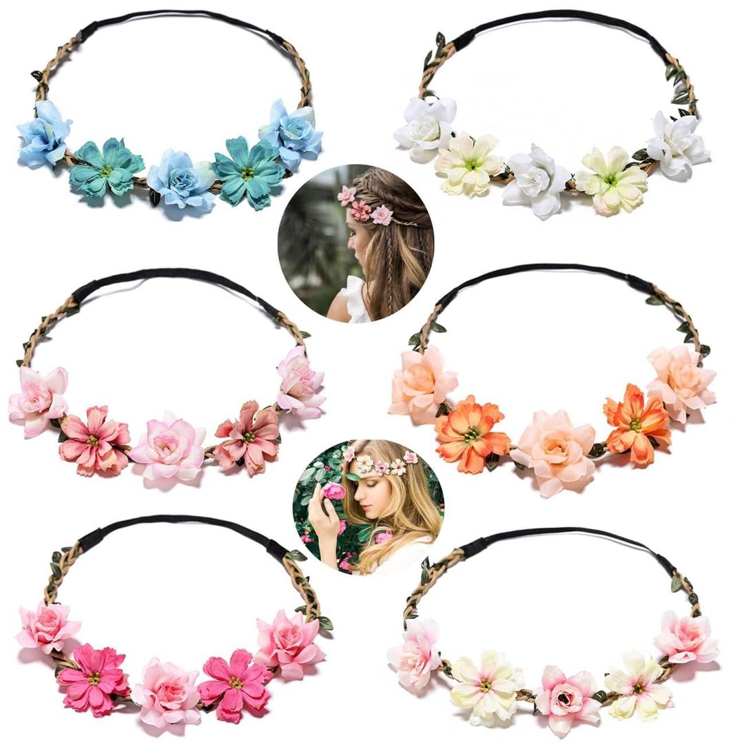 Women Headpieces Collection Accessories 6 PCS Boho Hair Wreaths, Flower Crowns, Tiaras for, Brides, Bridesmaids, Flower Girls, Weddings