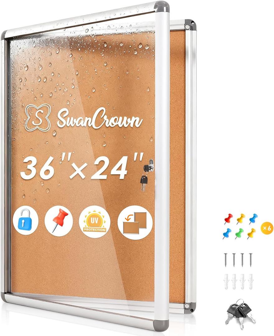 SWANCROWN 36x24 in Enclosed Bulletin Board, Lockable Cork Board Wall 6xA4