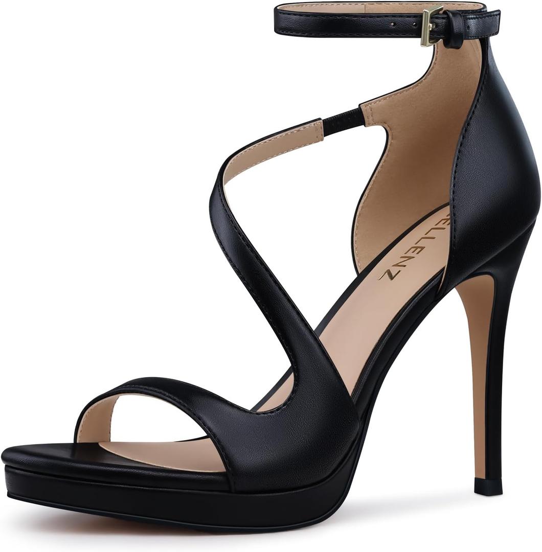 CELLENZ Stiletto Women High Heels: 4.3 Inch Comfortable Heels Prom Party Wedding, Peep Toe Platform Heels, Black White Silver Gold Strappy Heel Sandals (Black) 7.5