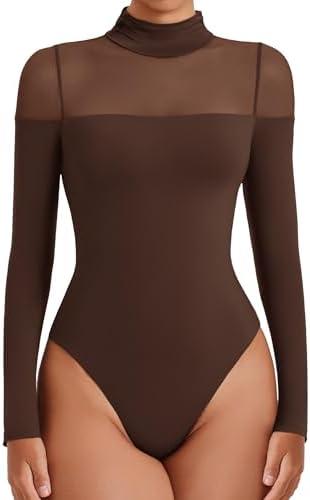 Avidlove Women's Long Sleeve Bodysuits Thong Turtle Neck Body Suit Mesh Going Out Leotard Tops One Piece M