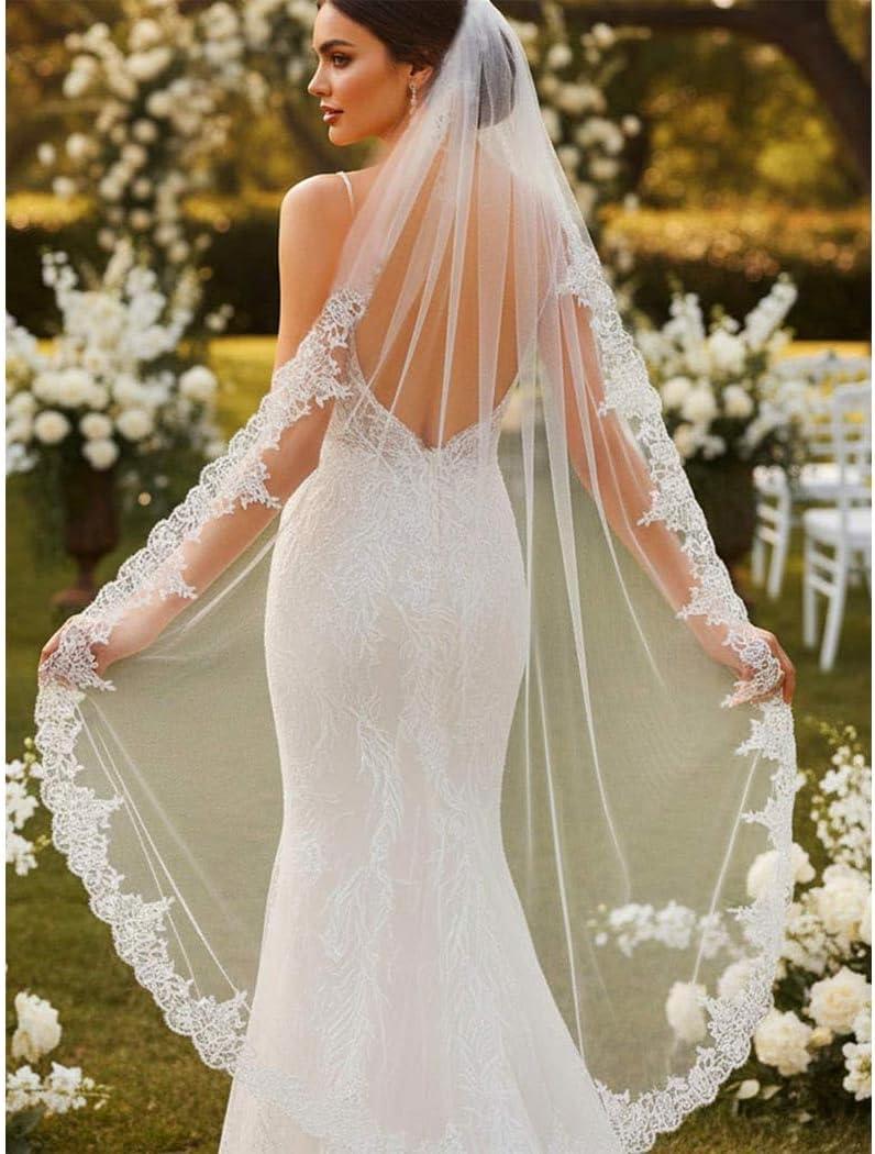 Aukmla Bride Wedding Veil Long Lace Bridal Veils 1 Tier Tulle Hair Accessories with Comb