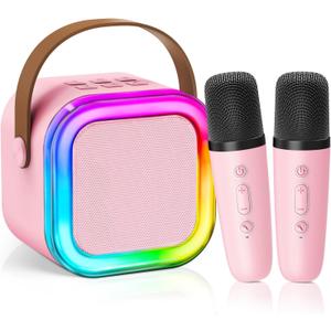 Mini Karaoke Machine for Kids Girls Boys - Birthday Gifts for Ages 4 5 6 7 8+ Year Old - 2025 New est - Portable Bluetooth Speaker with 2 Wireless Microphone - Kids' Instrument Accessories - Pink