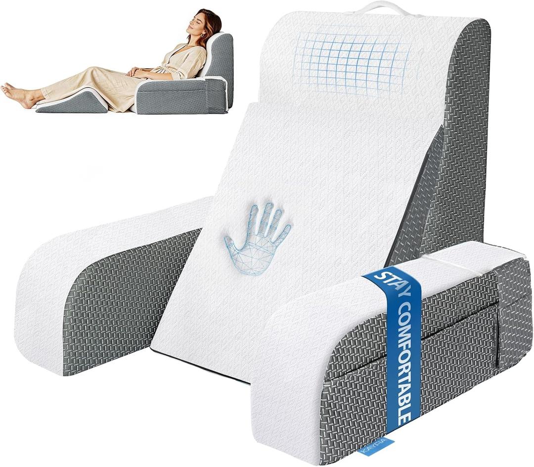 Kayfia Reading Pillow, 10 in 1 Back Pillow for Bed Sitting up with Detachable Arms Rest, Back Rest Pillow with Gel Memory Foam,for Reading/Gaming/Working in Bed or Couch 19", White (Standard)