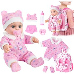 BDDOLL 12" Baby Doll in Gift Box with Pink Backpack, Cloths, Feeding Bottle and Pacifier, First Baby Dolls for Toddlers 3 Years and Up