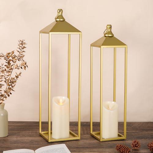 22'' 19'' Large Lanterns Decorative Outdoor Indoor, Set of 2 Gold Metal Candle Lantern Modern Farmhouse Floor Lanterns Decorative for Mantle, Patio, Porch, Garden, Home Decor