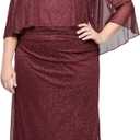 S.L. Fashions Women's Long Glitter Mesh Capelet Gown with Side Slit, Wedding Guest, Formal Dress (Plus Size) (Fig) Size 14W