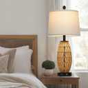 CINSARY 27" Boho Rattan Table Lamp with Night Light, Wicker Bedside Lamp with USB A+C Charging Port, Woven Coastal Bedroom Lamps for Nightstand, Tall Farmhouse Lamps for Living Room Single