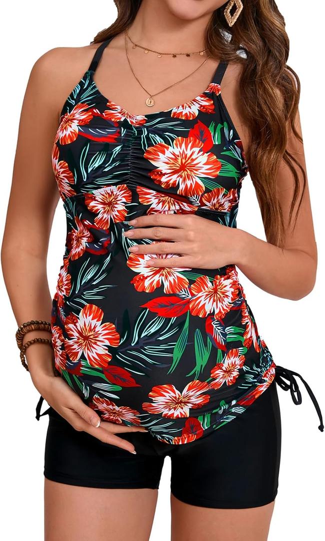 Maacie Maternity Athletic Tankini Swimsuits Two Piece Floral Print Ruched Tops with Shorts L