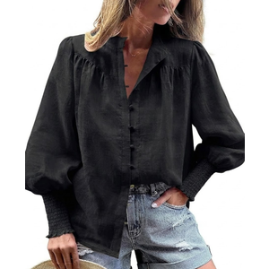 PRETTYGARDEN Womens Spring Long Sleeve Tops Dressy Casual Button Down Smocked Cuffed Office Business Work Blouses Shirts (Medium, Black)
