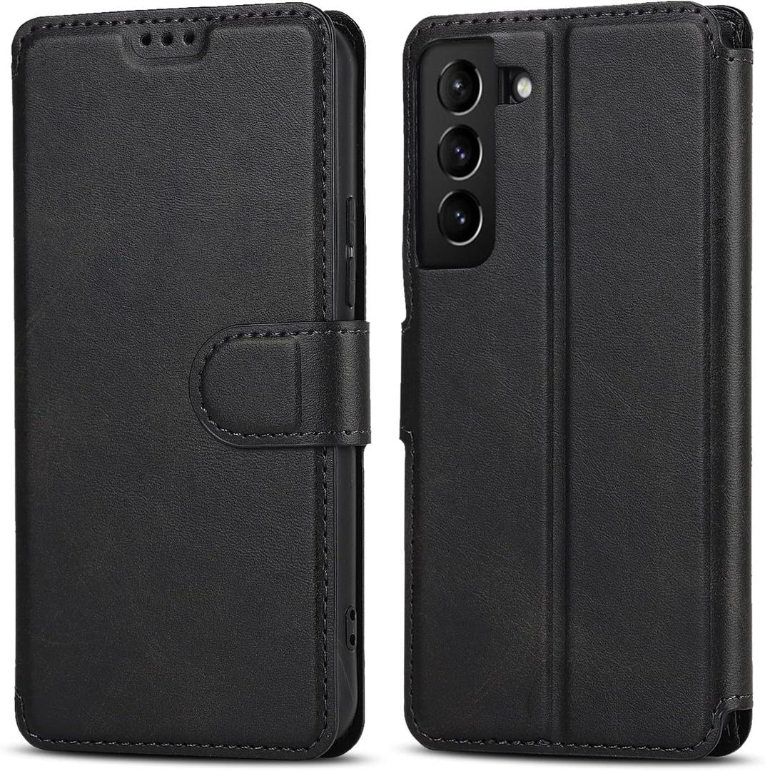 QLTYPRI for Samsung Galaxy S21 5G Case PU Leather Flip Case with Card Slots Viewing Stand Magnetic Closure Flip Folio Cover Simple Wallet Cover for Galaxy S21 6.2 inch - Black