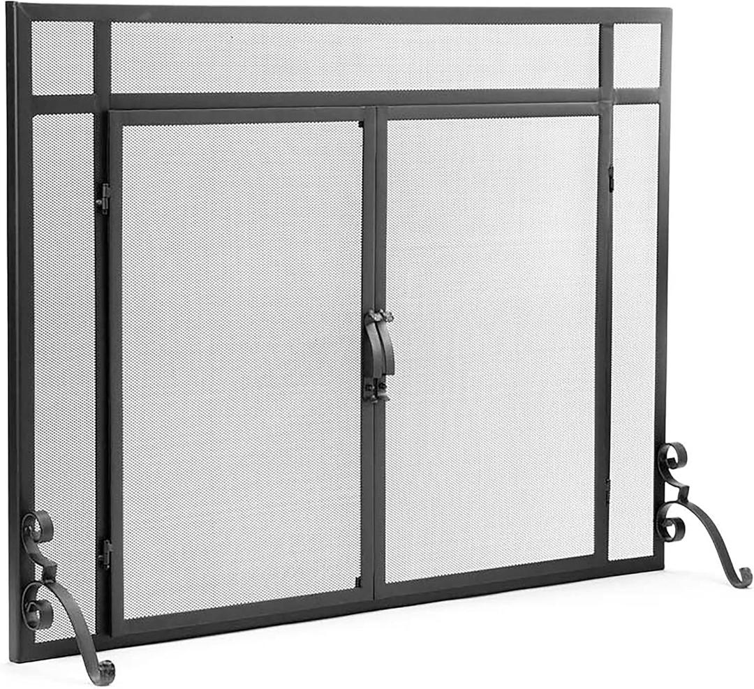 Plow & Hearth Metal Fireplace Screen Mesh Black | 44" W x 33" H | Dual Magnetic Hinged Doors | Spark Guard Cover | Stand Alone Wrought Iron Panel Fire Place Cover