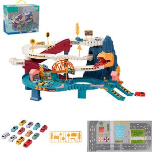 Toy Car Ramp Track, Climbing Hills Railcar Colorful Vehicles Construction Play Set with 12 Mini Racer Cars for Kids 3+(Dinosaur)