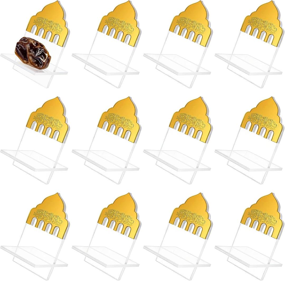 Potchen 12 Pack Ramadan Date Holders Acrylic Glass Bismillah Islamic Calligraphy Date Stands Home Table Centrepiece Decorations for Eid Ul Fitr Fasting Ramazan Adha Gifts Party Favors(Dome,Gold)