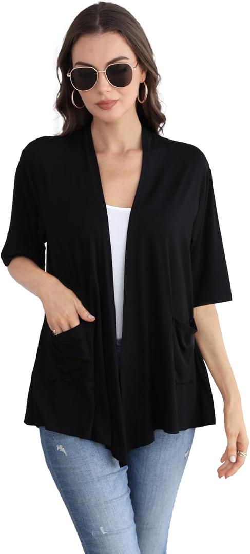ADANIKI Women 2026 Summer Lightweight Cardigan, Short Sleeve Open Front Casual Trendy Womens Kimono Cover Up with Pocket (XX-Large, Black)