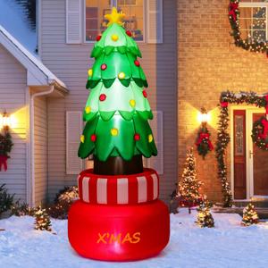 Goplus 8FT Tall Christmas Inflatables, LED Lighted Xmas Inflatable Rotating Tree Freestanding, Outdoor Indoor Blow Up Christmas Decoration with Water Bags, Ground Stakes for Yard Lawn Party