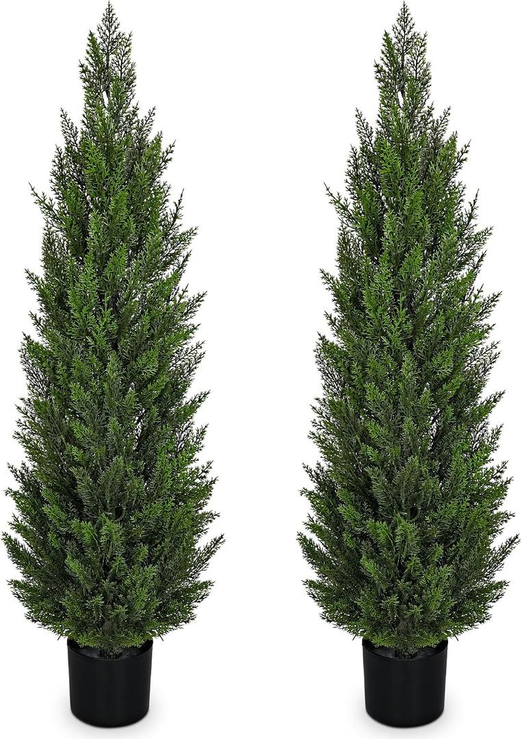 Briful 4FT Artificial Cedar Topiary Trees for Outdoor Set of 2, UV Resistant Faux Cedar Plants in Pot for Front Door Porch Entryway, Indoor Outdoor Decorative Greenery, Fake Shrubs for Home Patio