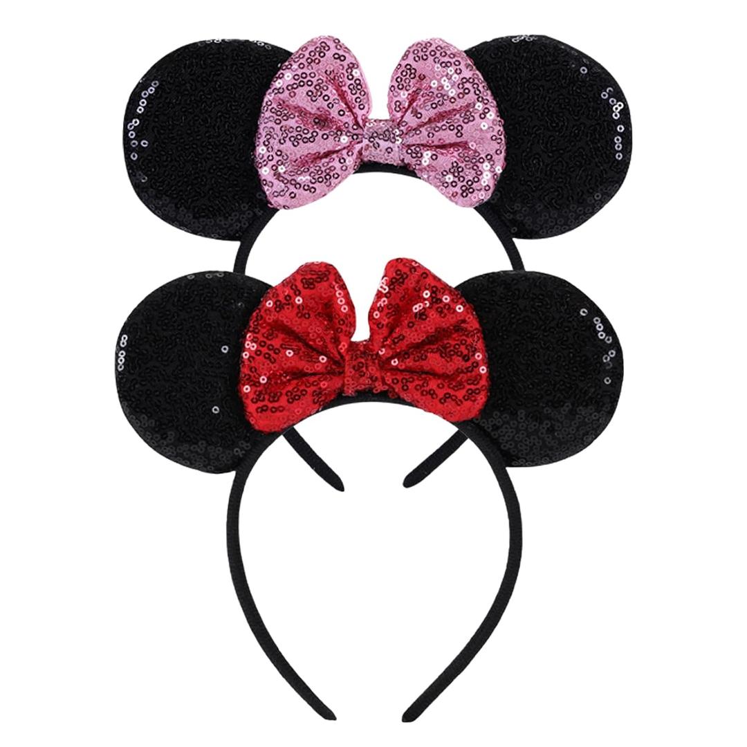 2PCS Mouse Ears Headband for Women, Shiny Sequin Bow Mouse Headbands for Birthday Party & Theme Paradise (RP02)