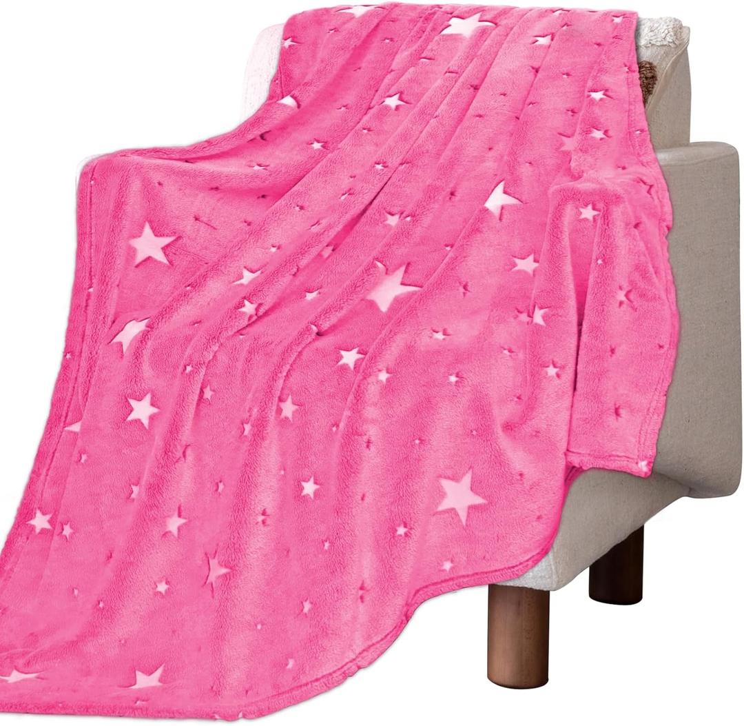 REXEO Glow in the Dark Pink Star Blanket for Girls, Soft Fleece Pink Blanket for Kids Toddlers Teens, Cute Bedroom Decor Throw, Birthday Gifts for Girls Age 3-12, 50"x60"