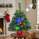 2FT Pre-lit Artificial Small Mini Christmas Tree with Warm White Multi-Color LED Lights, Remote Control and Timer, Perfect for Xmas Tabletop Decorations, Home, Kitchen, Dining Table top Green