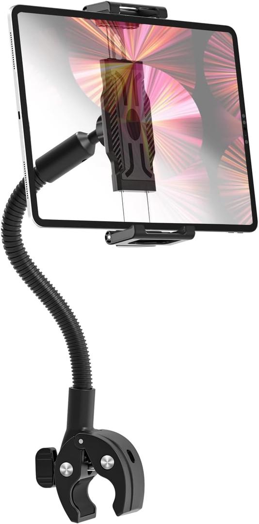 Gooseneck Handlebar Tablet Holder for Bicycle/Treadmill/Stroller, Wheelchair Tablet Mount with Flexible Arm for iPad Pro/Air/Mini, Galaxy, 6.1-15.6" Devices and Thickness Cases [Up to 1.18"]