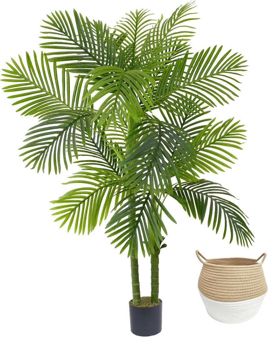 Warmplants Artificial Palm Tree, 5ft Golden Cane Faux Palm Plant with Basket, Large Phoenix Palm UV Resistant Fake Plants for Indoor Outdoor Home Garden Patio Office Dcor
