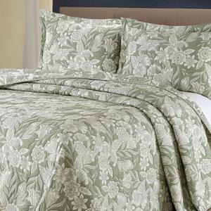 Soft Elegant Floral Queen Jacquard Bedspread Set, Sage Green and White Pattern, Luxury Quilt with 2 Matching Pillow Shams, All Season Bed Cover, Reversible Bedding