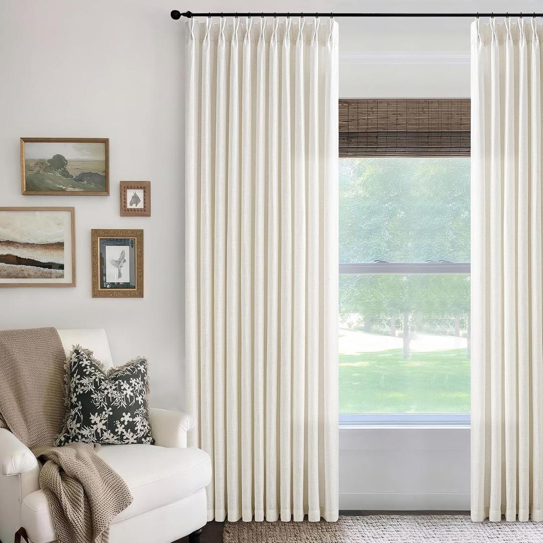 Cream Ivory Extra Wide Pinch Pleat Linen Curtains 120 Inches Long for Living Room Sliding Glass Door 70 Inch Wide Curtain Memory Trained Pleated Drape with Hooks Rings 70 x 120 Large Window Curtain (Natural)
