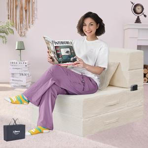 Folding Sofa Bed, 4 in 1 Convertible Sleeper Chair with Pillow, Single Memory Foam Fold Out Chair Bed, Modern Floor Futon Sofa Couch Mattress for Living Room/Guest/Apartment,Beige