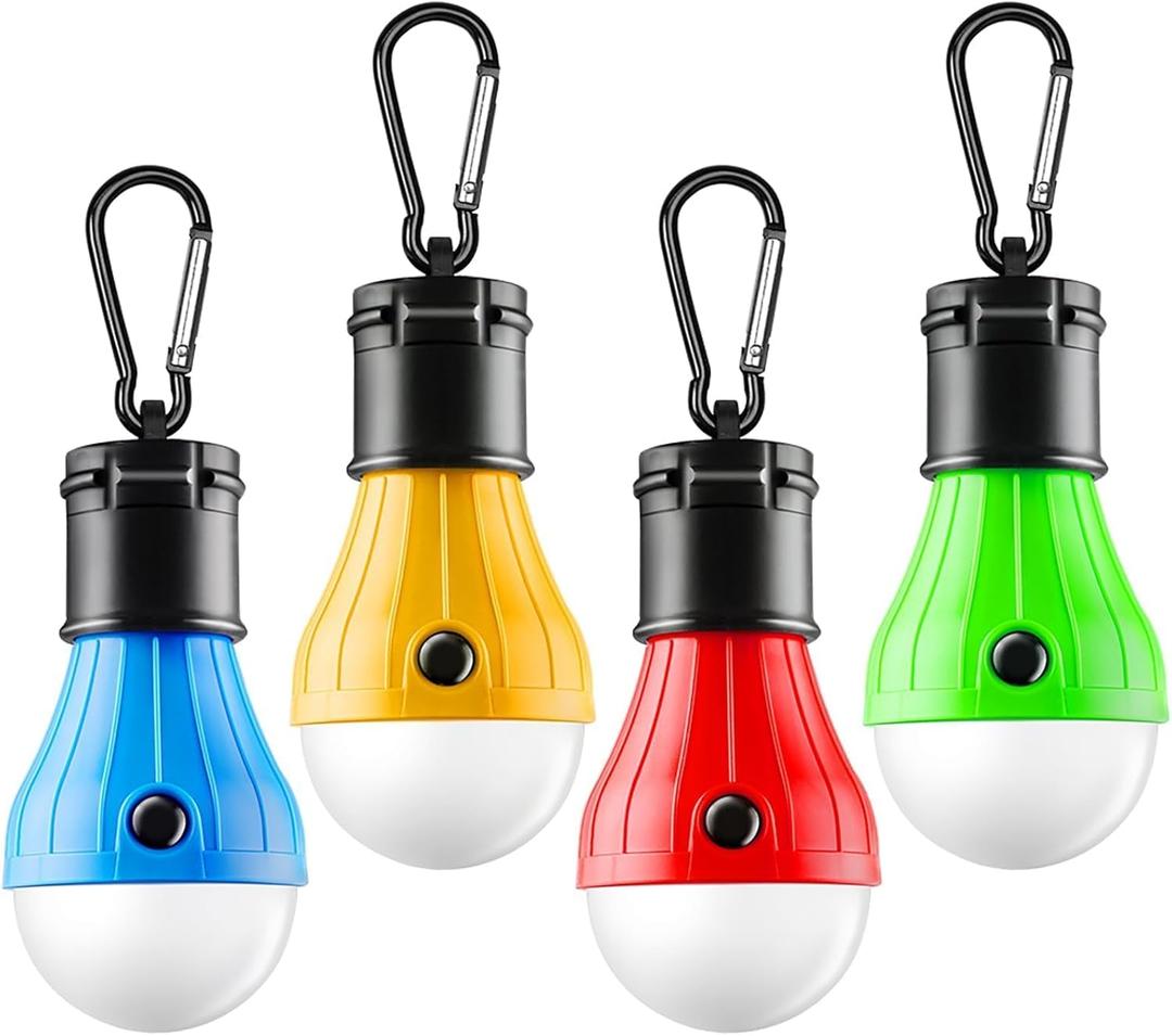 FLY2SKY Portable LED Tent Lamp, Clip Hook Hurricane Emergency Light Bulb, Camping Equipment Lanterns for Hiking, Backpacking Outage, B-CLOSED-HOOK, 4 Packs Multicolor